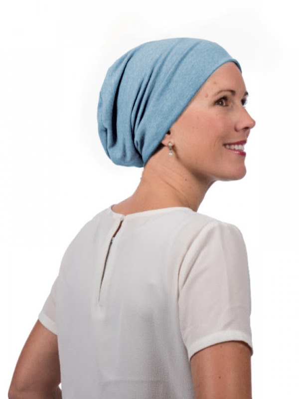 Mutsen voor chemopatiënten Mooihoofd - Top Tio licht blauw denim - hippe chemo mutsjes
